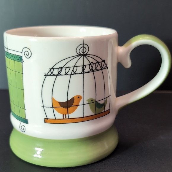 Pier 1 Hand painted Stoneware Green/White Coffee Mug with Birds in Cages Design. - Picture 1 of 8